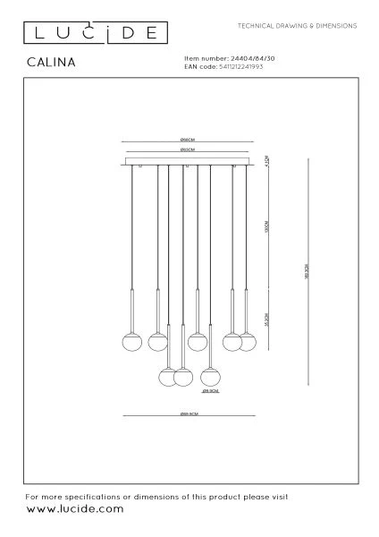 Lucide CALINA - Pendant light - Ø 69,9 cm - LED Dim. - 12x7,7W 2700K - Black - technical